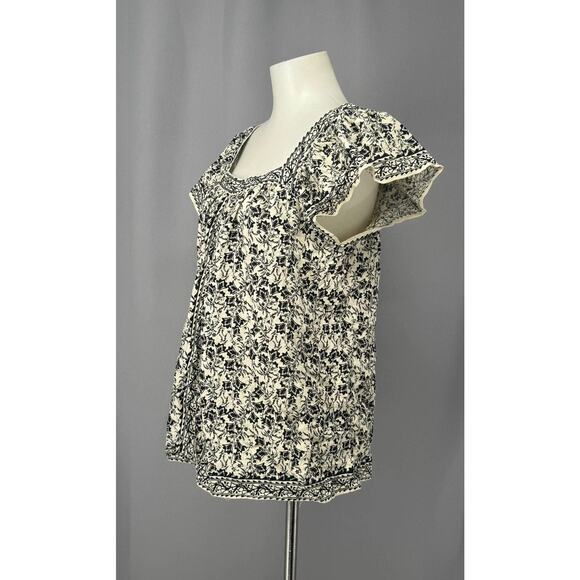 Max Studio Blouse Womens Medium Black White Floral Boho Peasant Cottagecore Folk - Picture 4 of 9